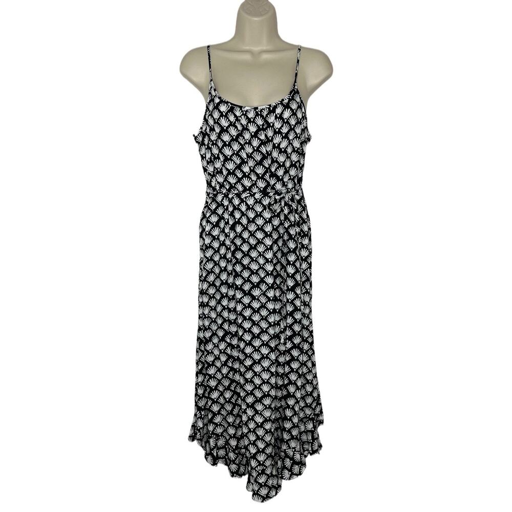 J. Crew Factory Women’s Black And White Floral Ruffle Midi Curved Hem Dress Sz 6